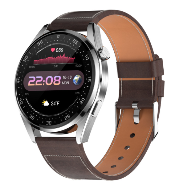 E20PRO Bluetooth Call Watch Heart Rate, Blood Pressure, Blood Oxygen Monitoring, Multi-sport Mode Bracelet (Silver Brown Leather)
