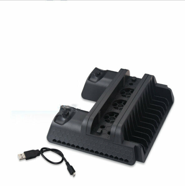 PS4/SLIM/PRO Multi-function Cooling Base Bracket Cooling Fan Handle Dual Charge + Disk Holder (Black)