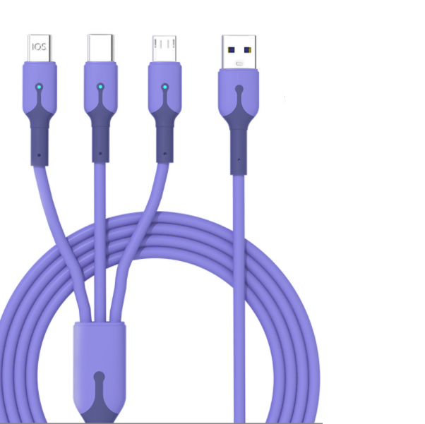 Liquid Silicone 5A Super Fast Charging 3-in-1 Charging Cable with Light (Lavender Purple)