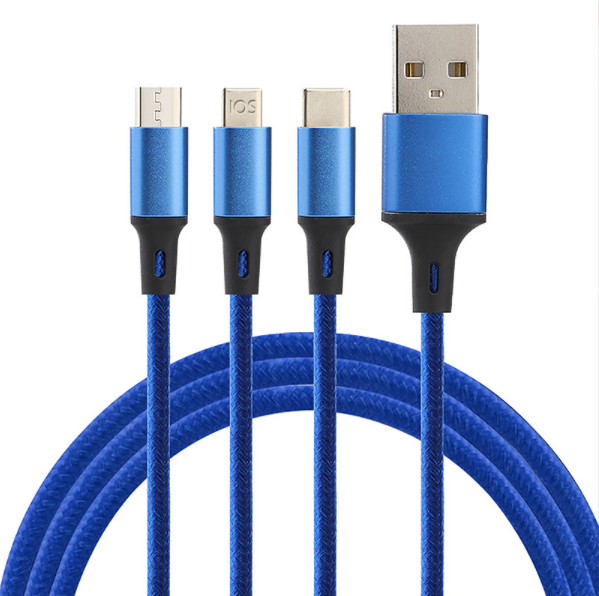1-in-3 data cable for Android Type-C Apple aluminum alloy braided cable (blue)