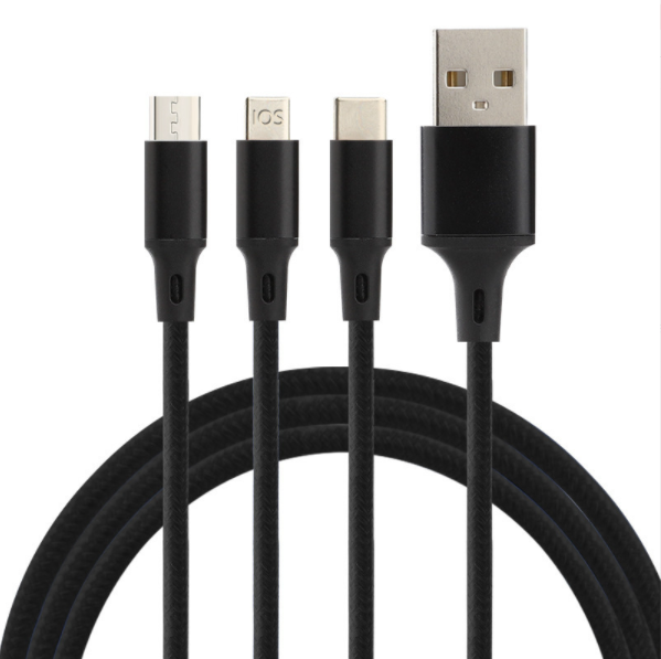 1-in-3 data cable for Android Type-C Apple aluminum alloy braided cable (black)