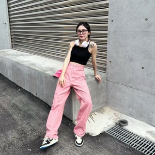 水洗草莓牛仔褲 美式 街頭 復古 寬鬆 粉色 韓系 D121
