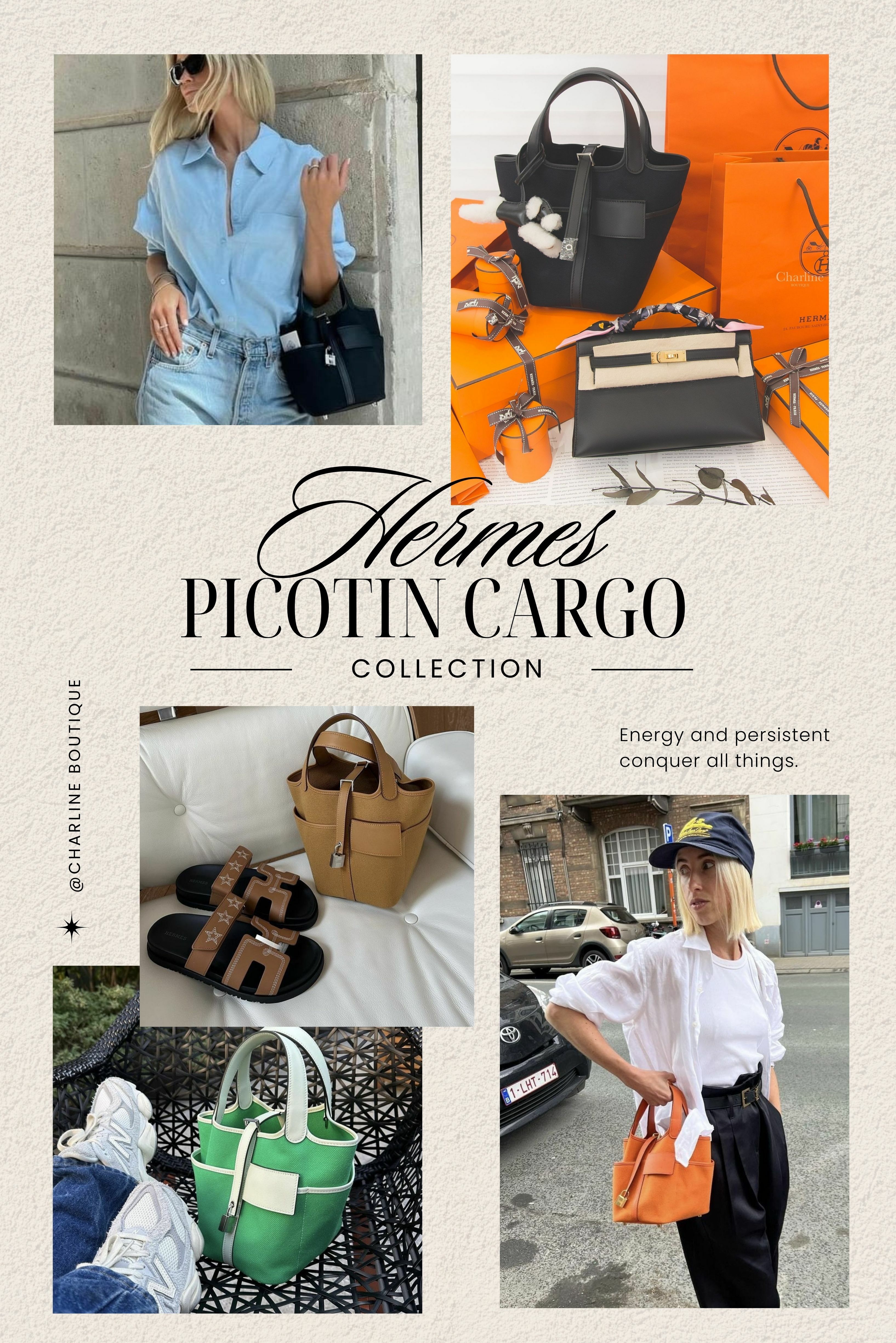 接下來介紹的是Cargo系列裡的Picotin。這款包於2022年推出，比起全皮材質的Picotin，版型更為硬挺，就算不加內袋也不會軟塌。手柄、正面小翻蓋都是小牛皮製成，底部還有底釘設計，日常使用時放在地上也不易髒。兩側收納貼袋可將物品分區收納，增加了實用性。想將包包改造成更屬於自己的風格，可以加購背帶，這樣一來不僅可以手提外還能肩背了，實在非常符合現代人的實用需求。