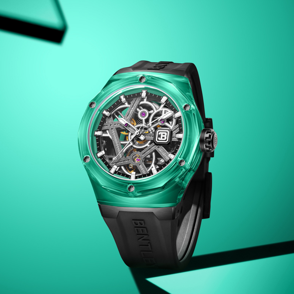 【BENTLEY 賓利】THE CYNOSURE 曜影系列 BL-60系列 潮流 綠水晶錶殼 機械 雙面鏤空 夜光指針刻度 手錶
