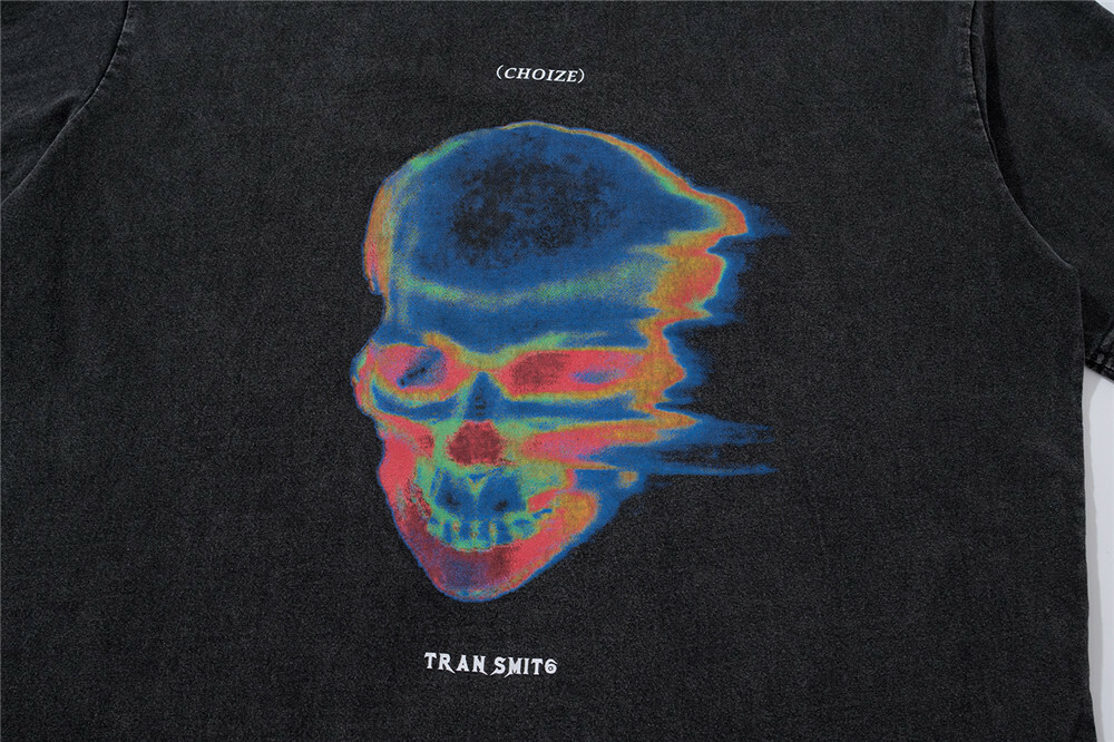 暗黑系 潮牌 骷髏印花短袖T恤 男士 bf 水洗 做舊 寬松 圓領 五分袖 CZ7039