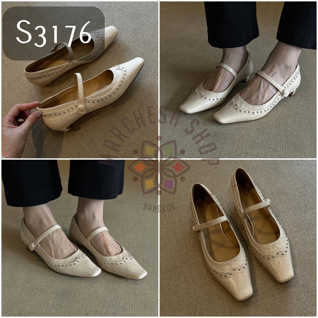 S3176 - 頭層牛皮雕花鉚釘一字帶方頭低踭鞋