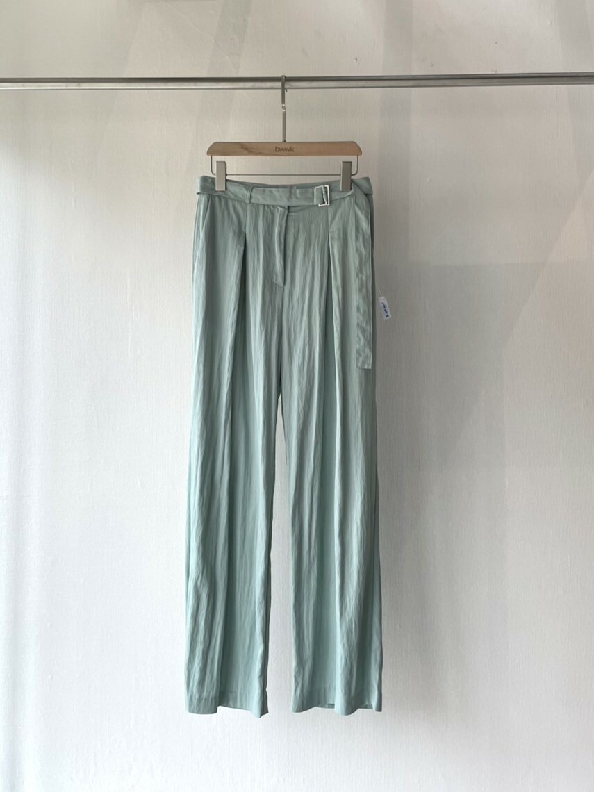 薄荷綠 輕薄打褶長褲 附腰帶