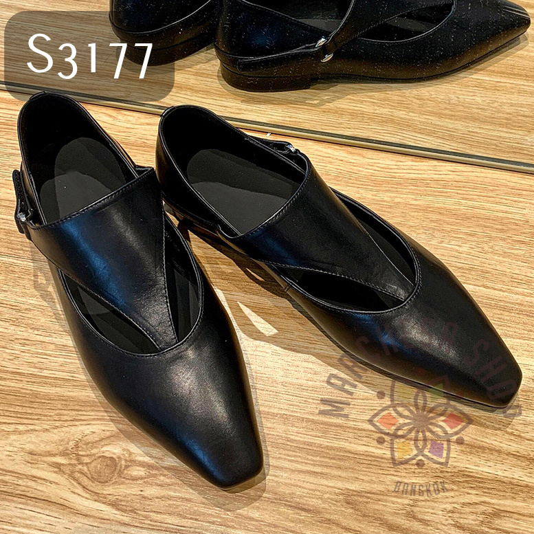 S3177 - 全真皮羊皮鏤空三角帶尖頭平底鞋