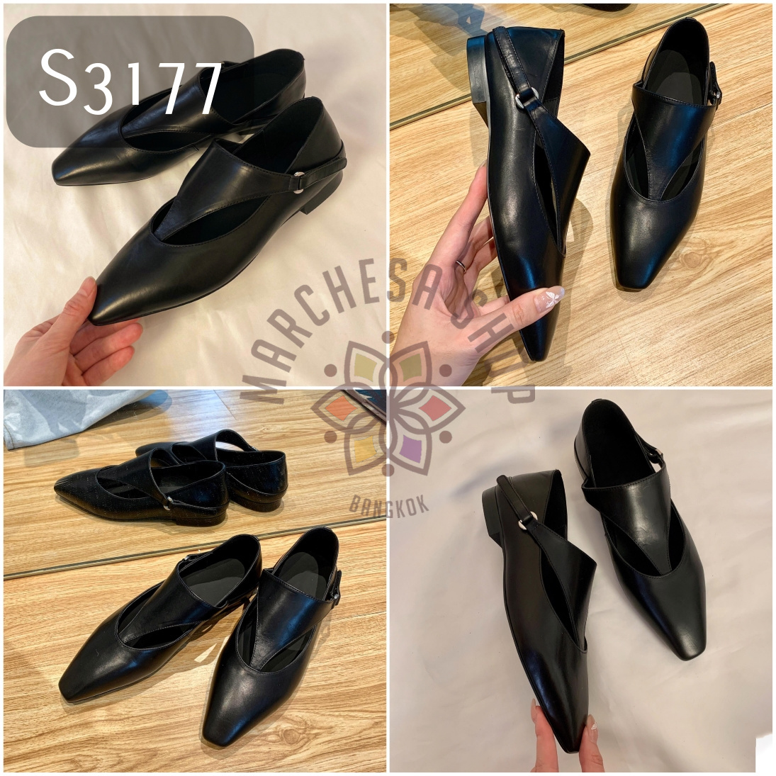 S3177 - 全真皮羊皮鏤空三角帶尖頭平底鞋