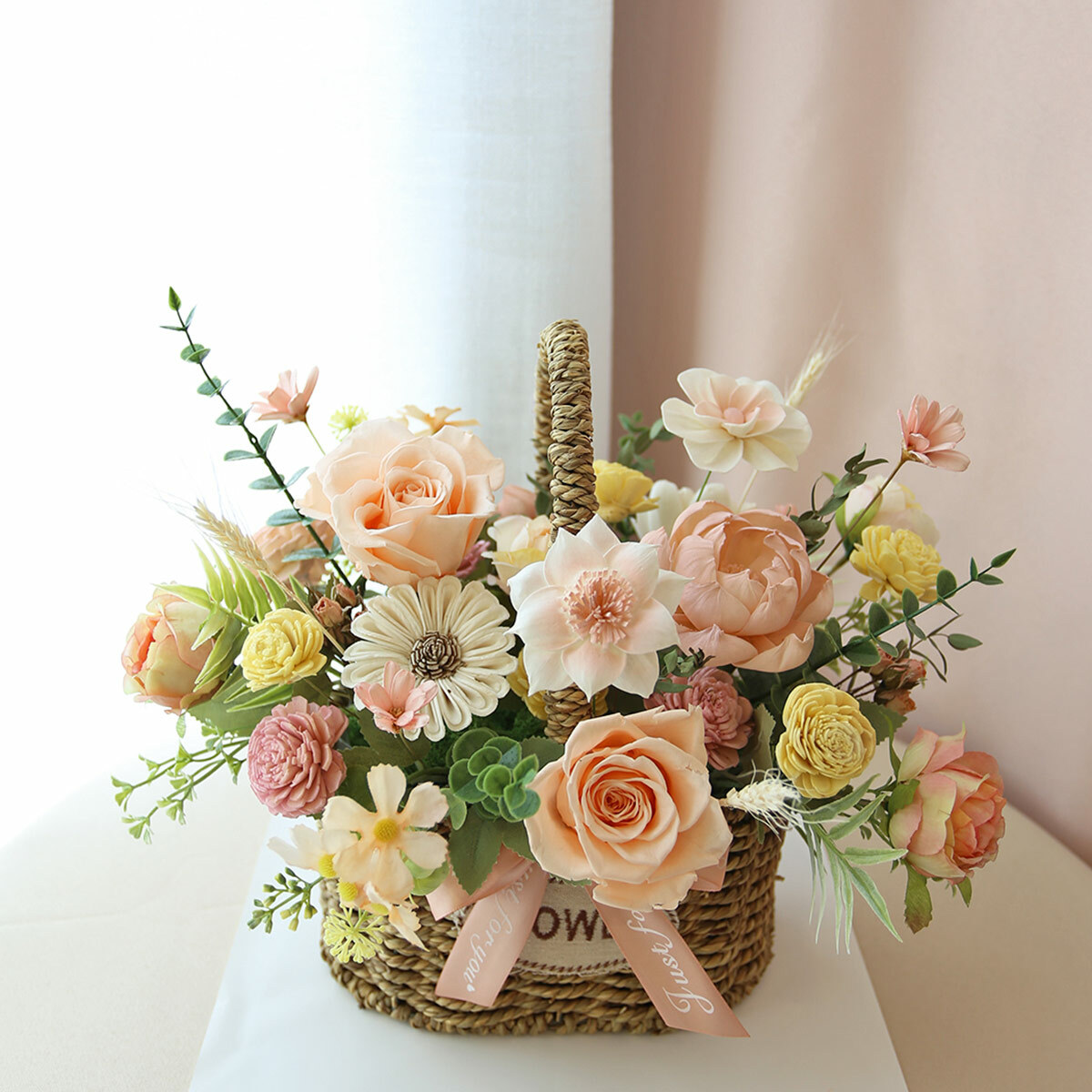 T35｜粉橘色系藤編花籃