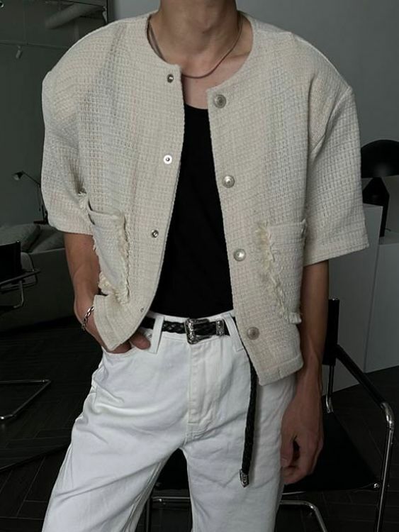 圓領暗紋短袖開胸外套 taptaptap-057JK