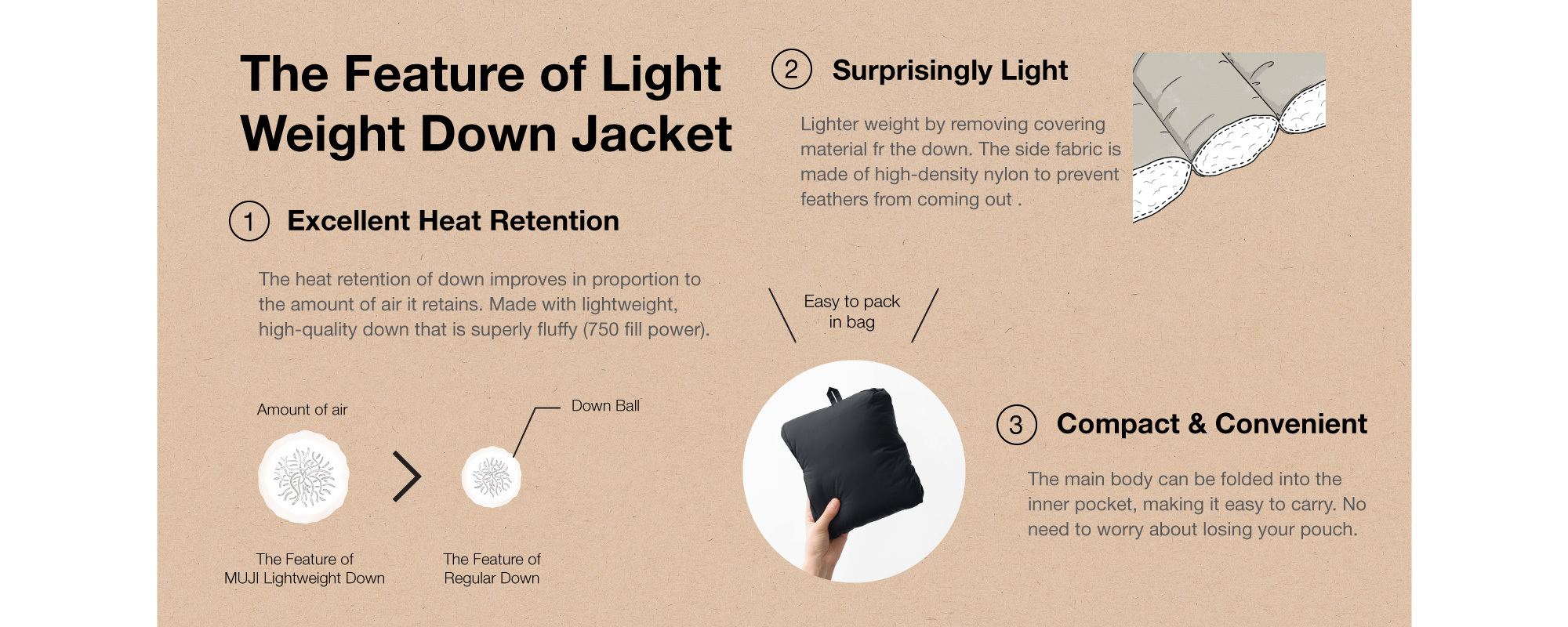 Down, portable, foldable, jacket