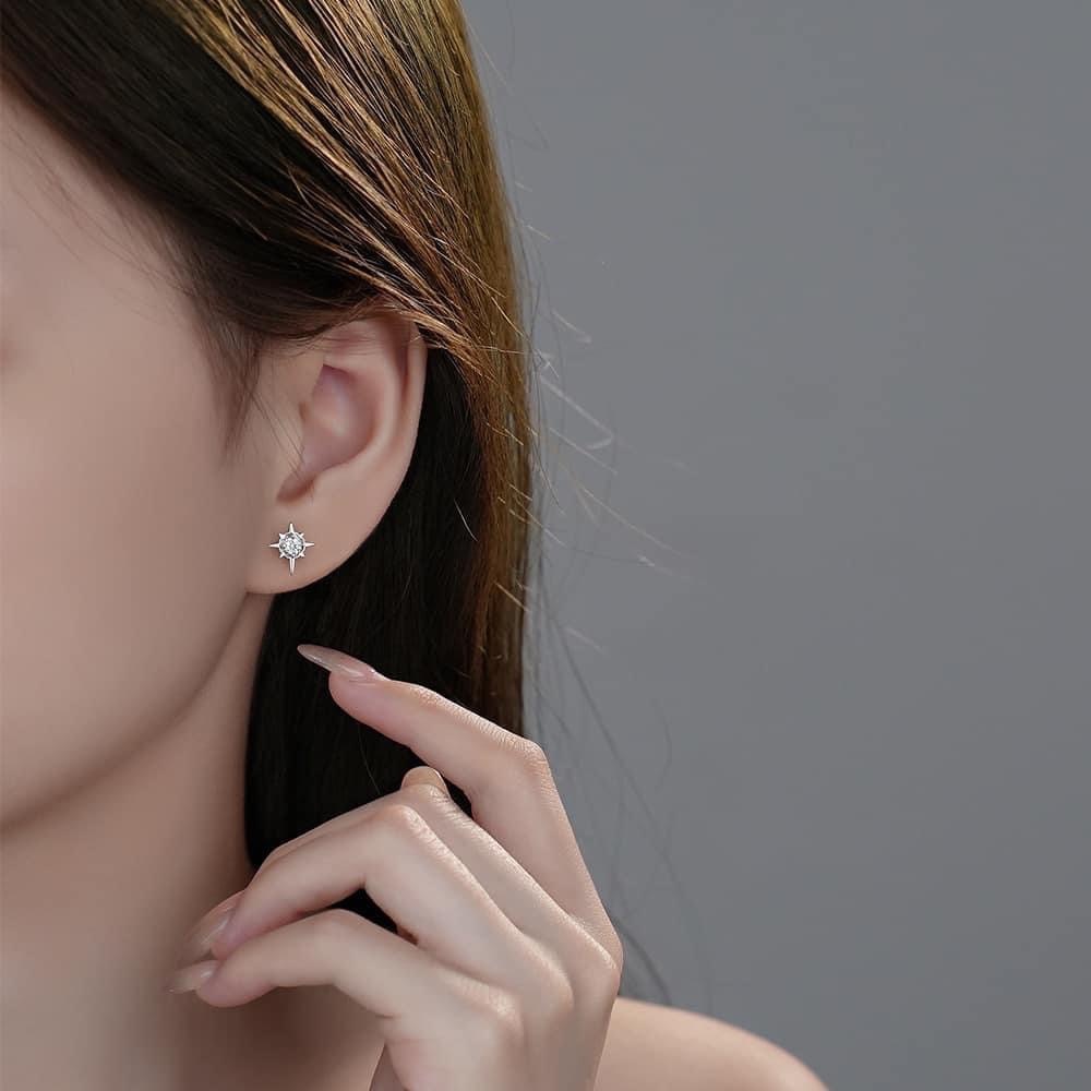 香港銀飾 ❘ 八芒心鋯石《單顆大亮鑽》轉珠式 純銀耳針 (8/31收單)