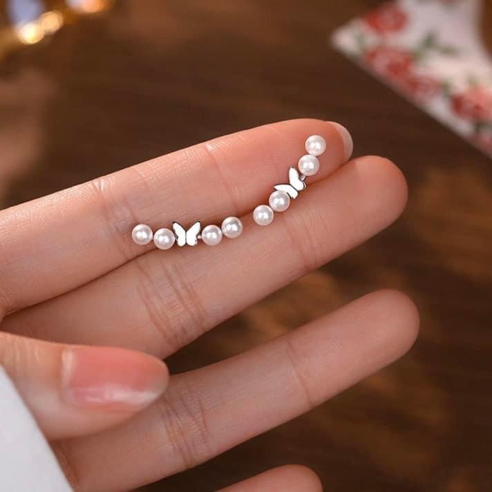 香港銀飾 ❘ 貝珠蝴蝶 999足銀 純銀耳針 (8/31收單)