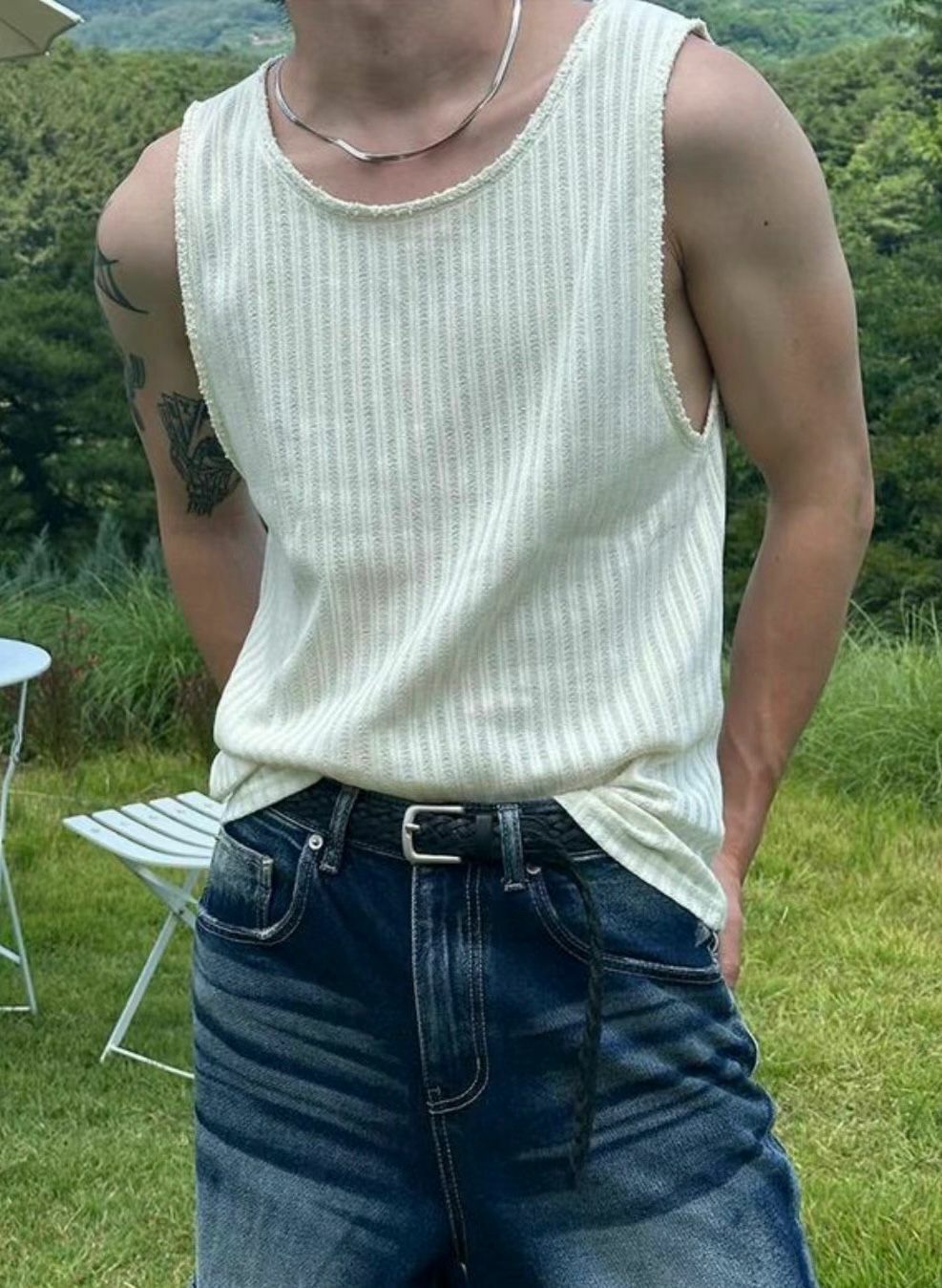 淨色暗直紋背心 OWN-043V