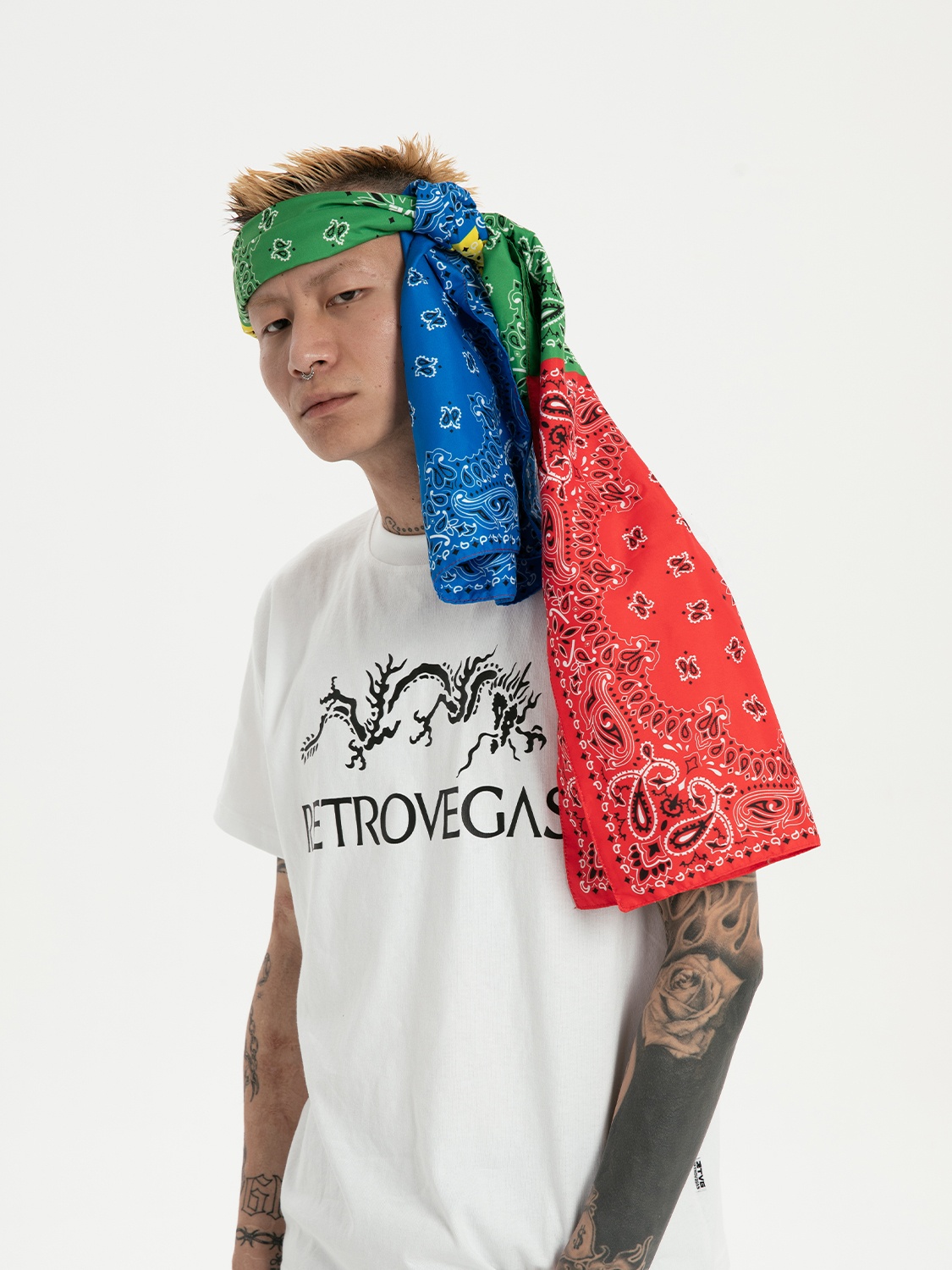 RTVG 拼接撞色 腰果花 方巾 圍巾