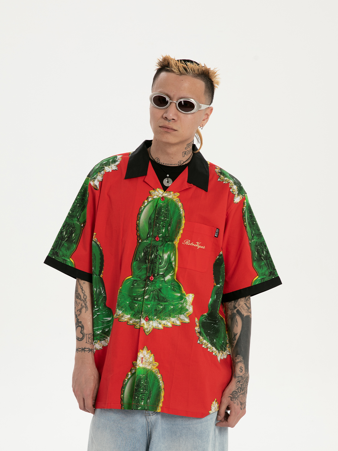 RTVG 中式宗教 觀音玉珮 翻領短袖 襯衫