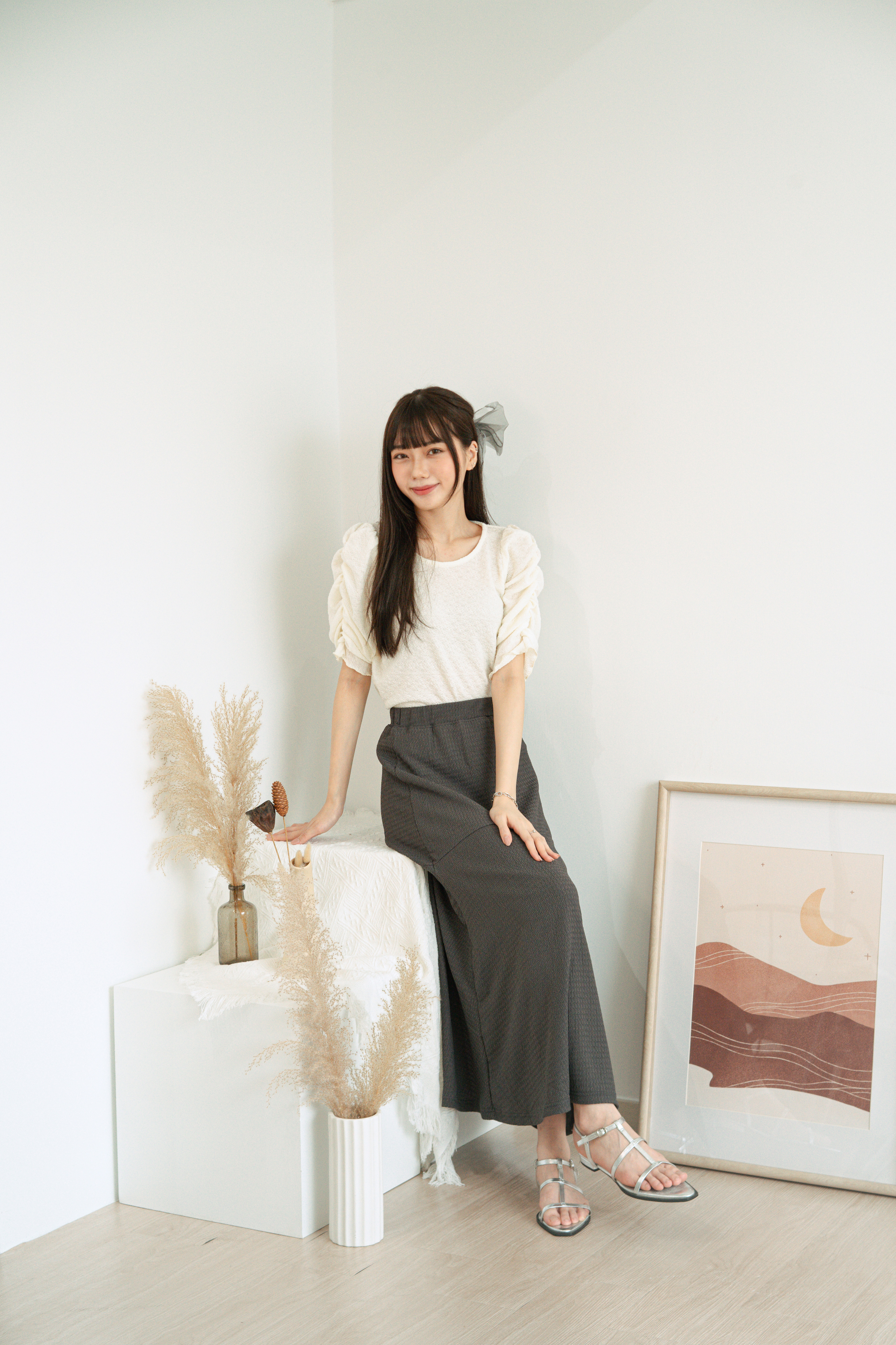 法式泡泡袖米白紋理上衣 - 10257