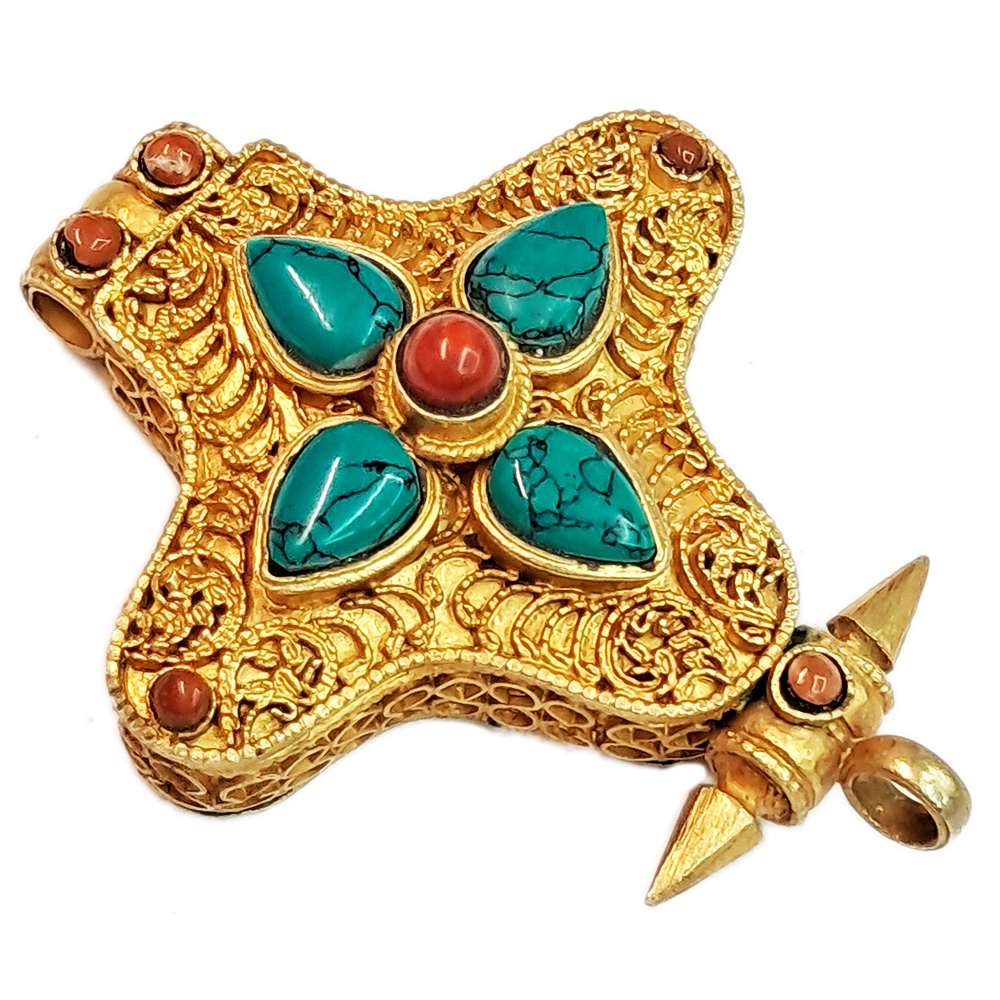 十字杵鑲綠松石925純銀鎏金嘎屋【十方】150680