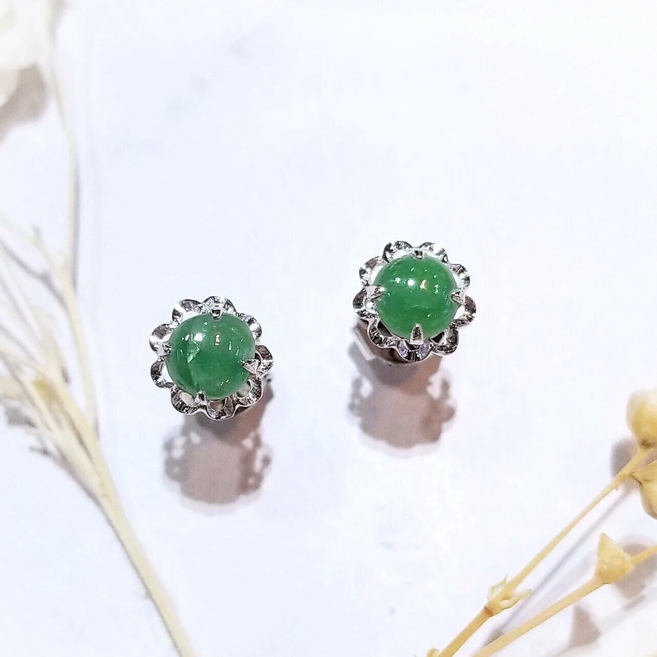 全新18K白金翡翠耳環