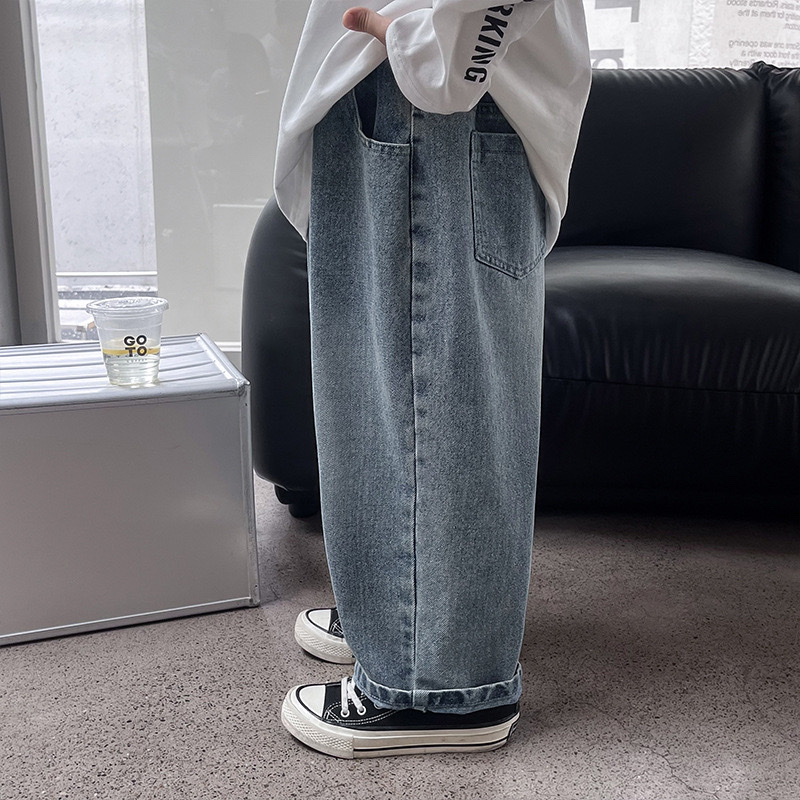 鬆緊刺繡笑臉牛仔直筒褲