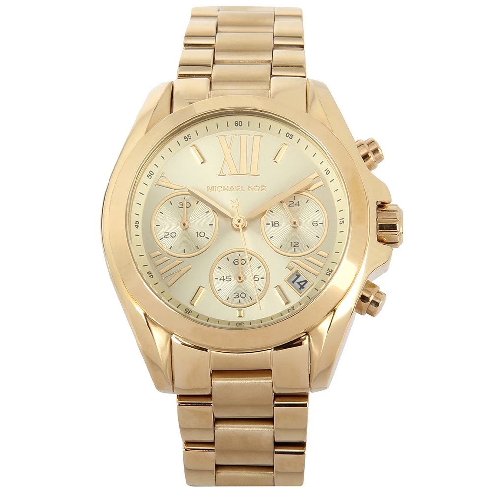 【Michael Kors】MK5798 經典 羅馬數字大時標 三眼 計時 日期顯示 不鏽鋼 閃耀金 女款 石英錶
