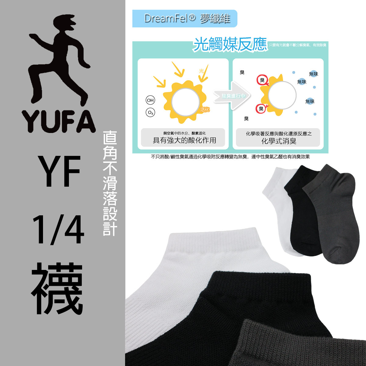 YUFA。夢纖維。消臭。男款。25-28公分。1/4襪4006
