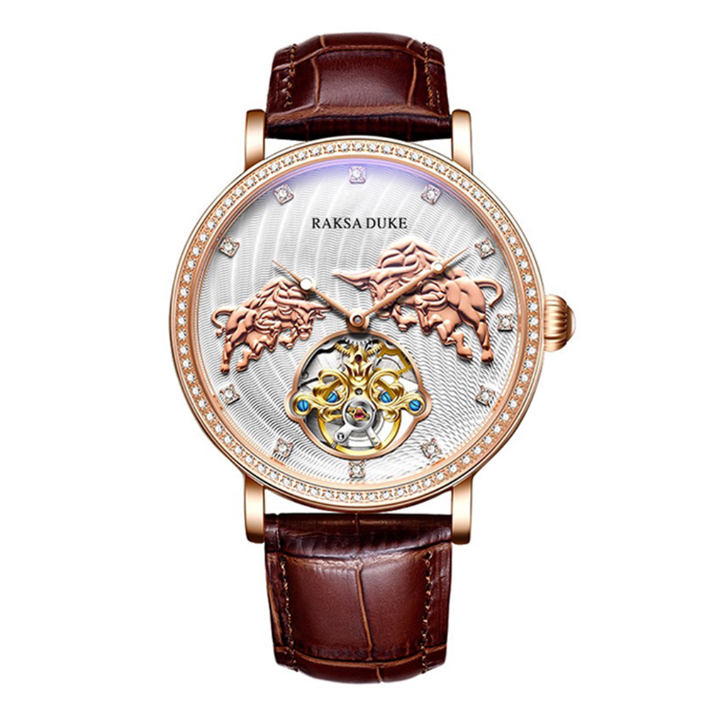 【RAKSA DUKE羅薩公爵】RSD-024 公牛浮雕錶盤 晶鑽時標 防水30米 防水30米 真皮錶帶 機械錶-