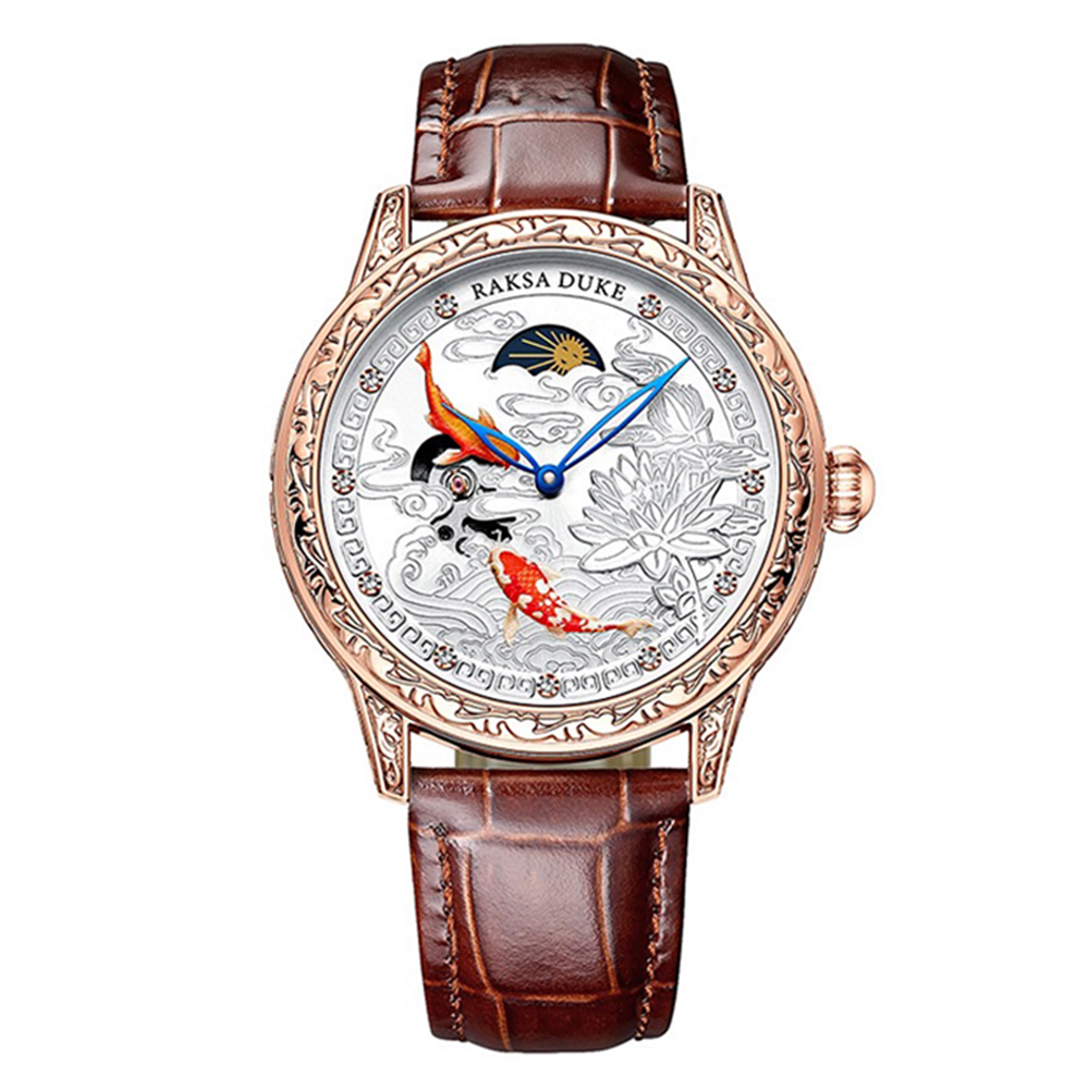 【RAKSA DUKE羅薩公爵】RSD-011 雙魚 立體浮雕錶盤 日月星辰 晶鑽時標 頭層小牛皮錶帶 機械錶 46MM-