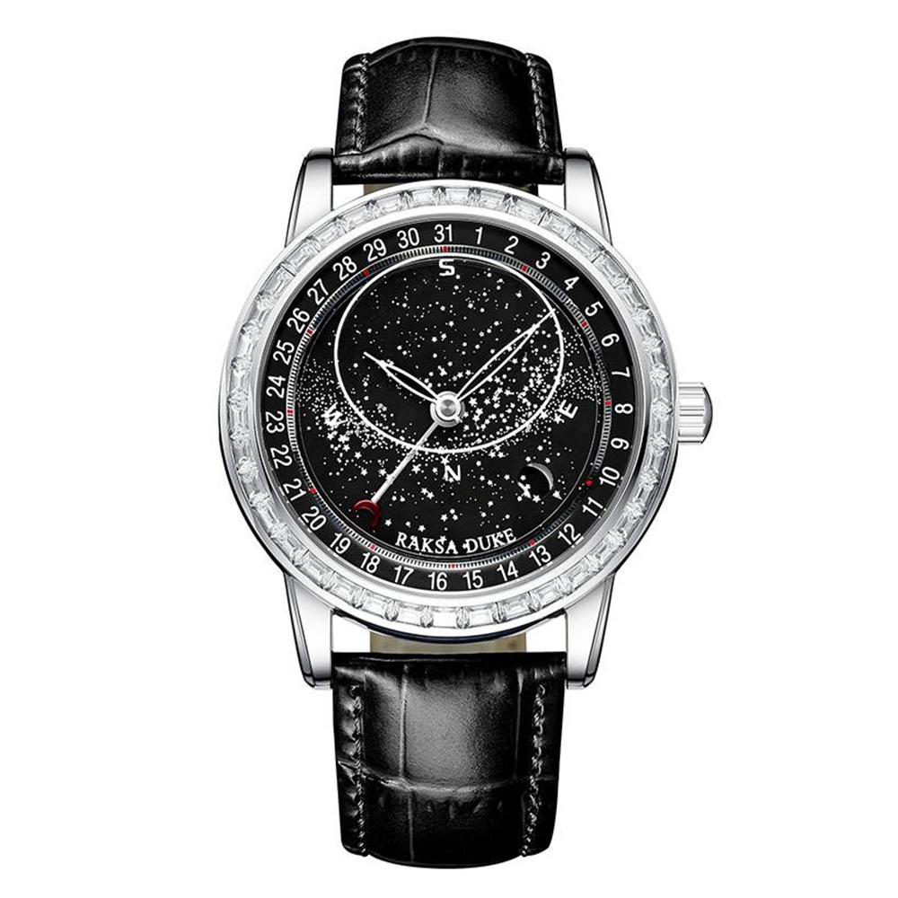 【RAKSA DUKE羅薩公爵】RSD-007 自轉夜光錶盤 帶月相 晶鑽錶圈 紅色月亮為日期 頭層小牛皮錶帶 自動上鍊 機械 腕錶-