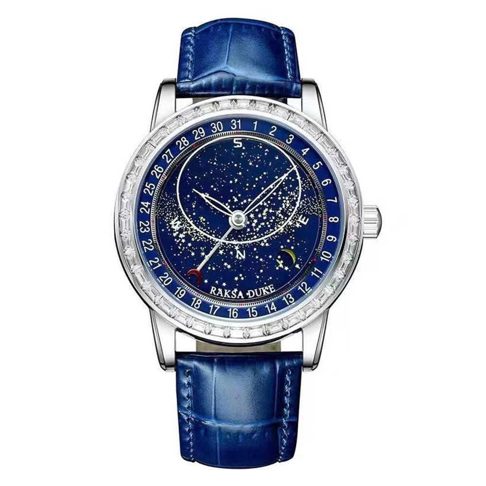 【RAKSA DUKE羅薩公爵】RSD-007 自轉夜光錶盤 帶月相 晶鑽錶圈 紅色月亮為日期 頭層小牛皮錶帶 自動上鍊 機械 腕錶-