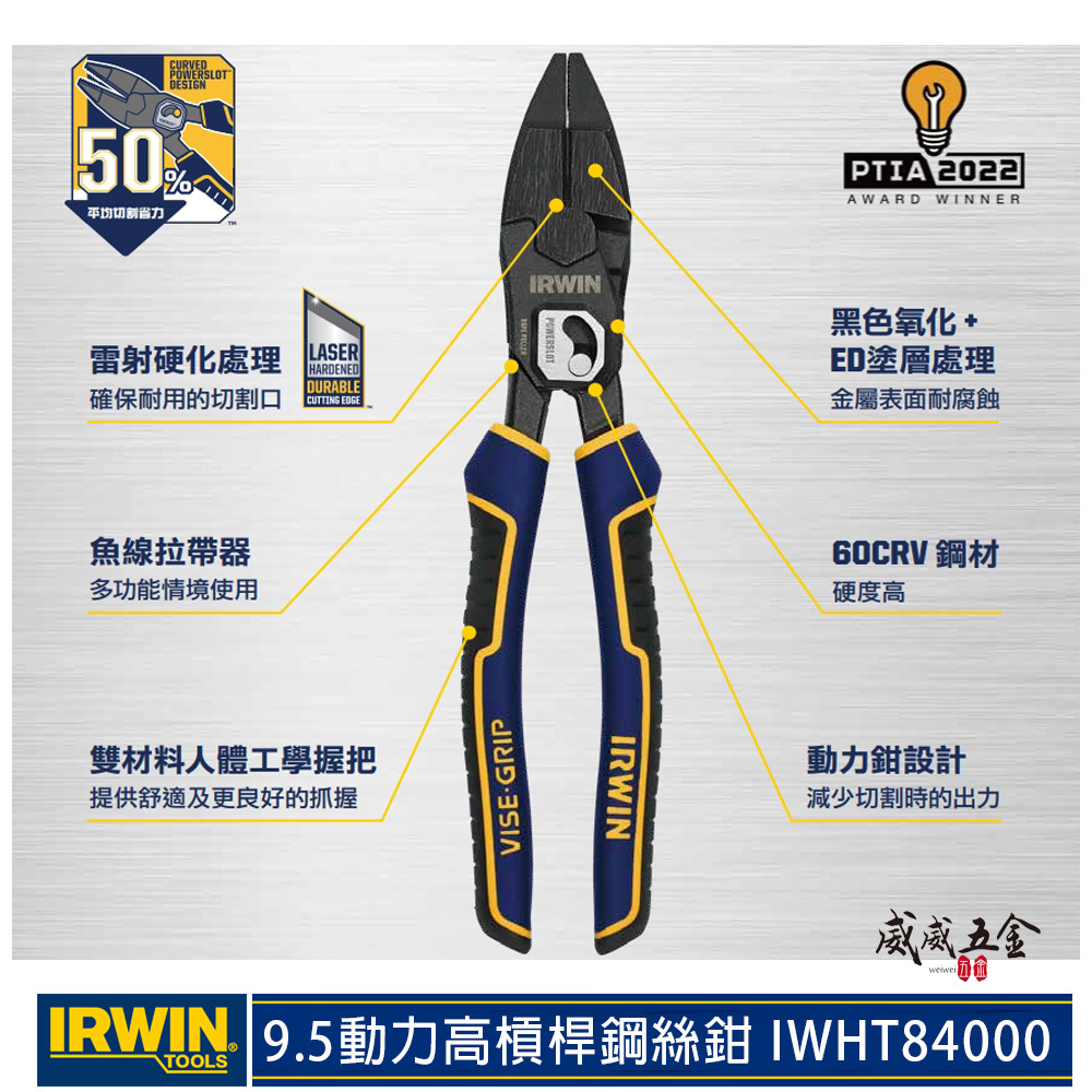 美國 IRWIN 握手牌｜9.5" 動力高槓桿鋼絲鉗 舒適握柄省力設計鐵鉗 膠柄鋼絲剪刀｜IWHT84000
