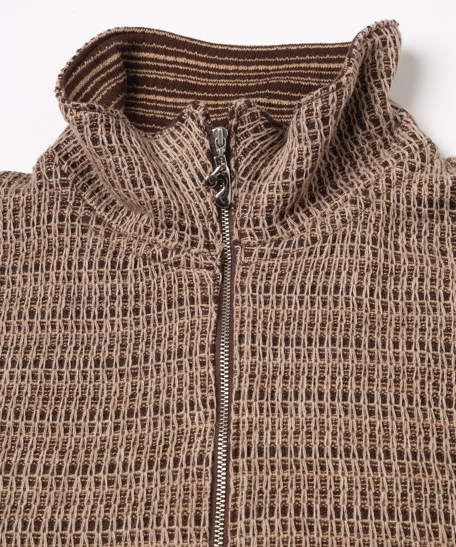 JieDa - CHAIN STITCH KNIT ZIP CARDIGAN / BEIGE x BROWN