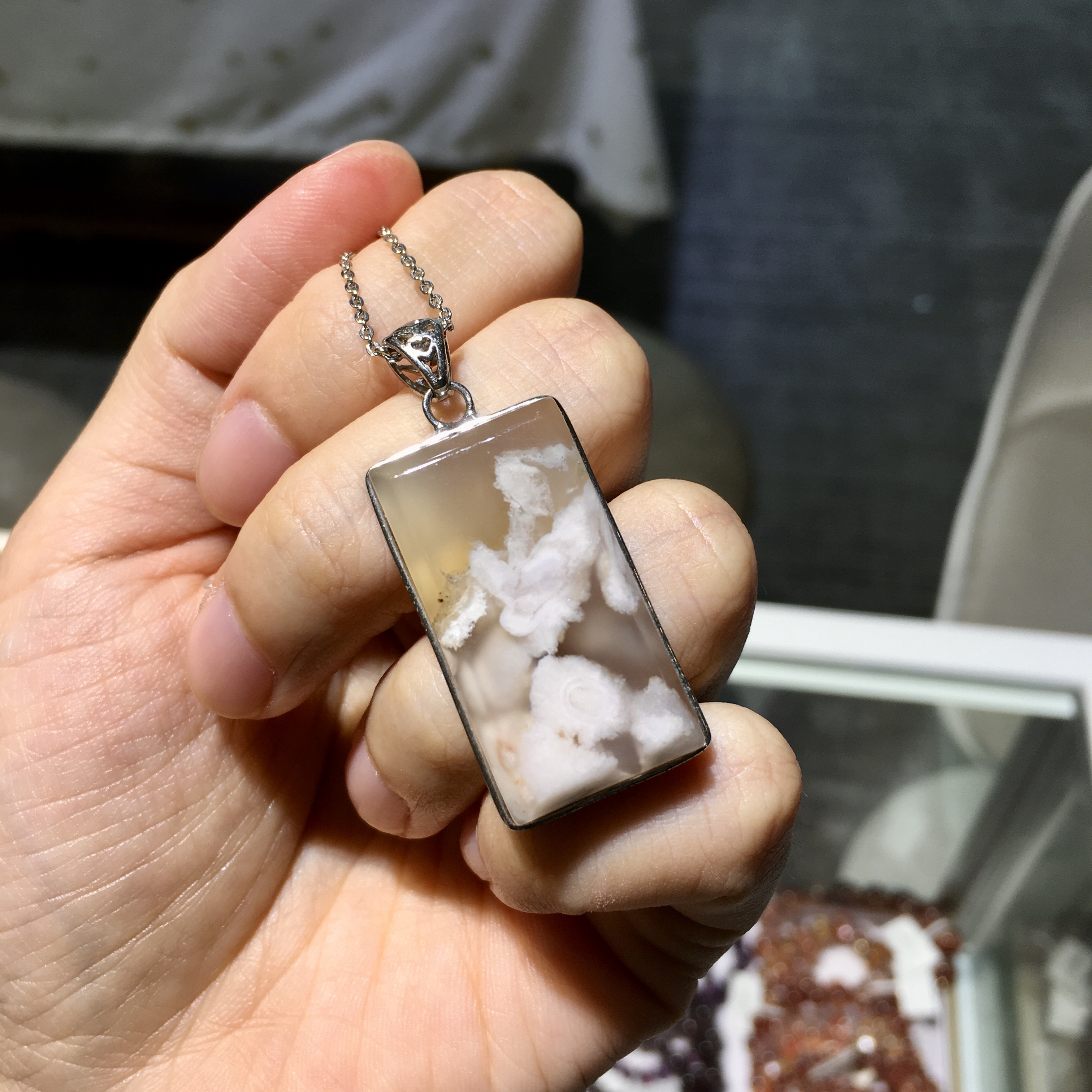 櫻花瑪瑙純銀吊墜配合金銀鏈(1)