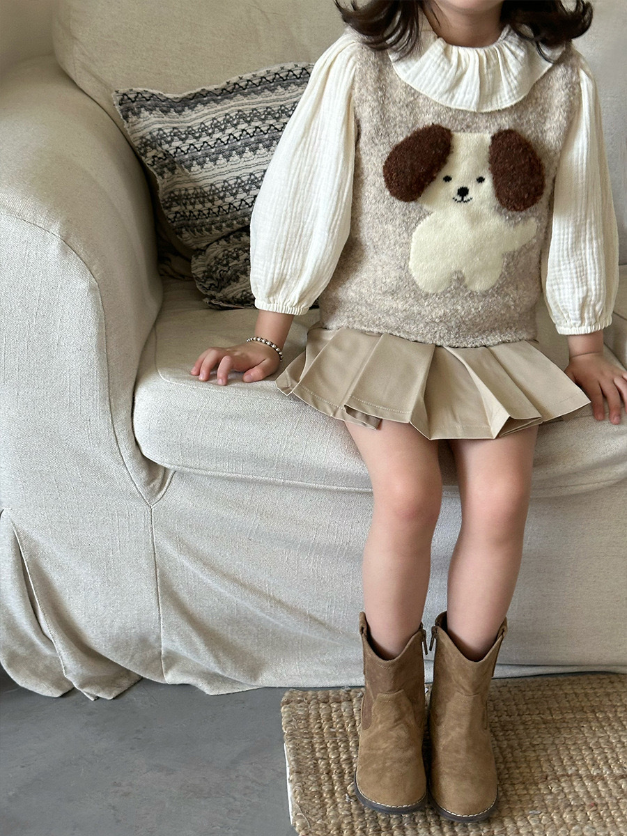 小狗毛衣背心/荷葉領上衣/奶茶百褶裙