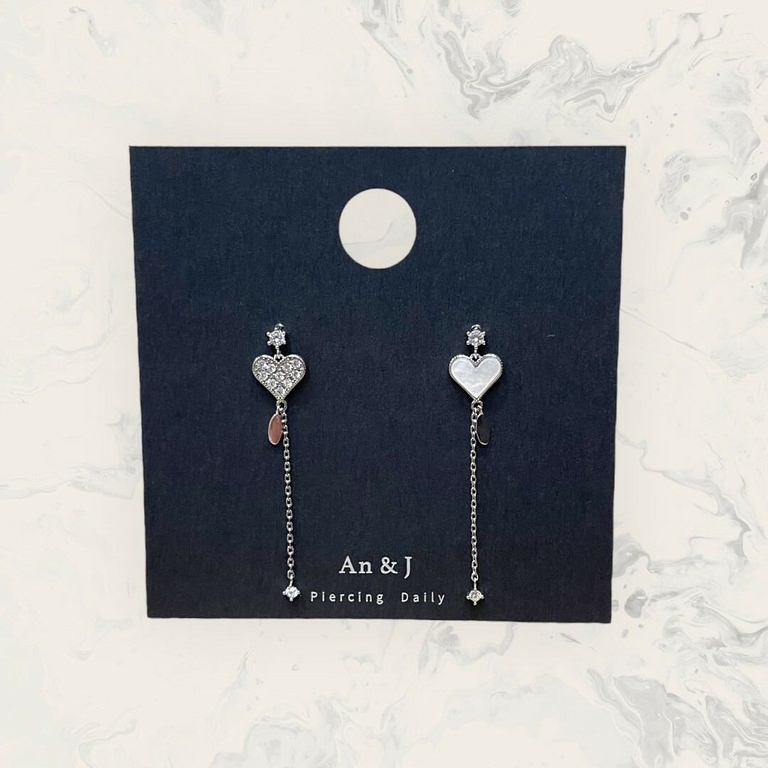 韓國直送-銀針 不對稱 小鋯吊滿鋯愛心垂鍊吊小鋯 鍍14K