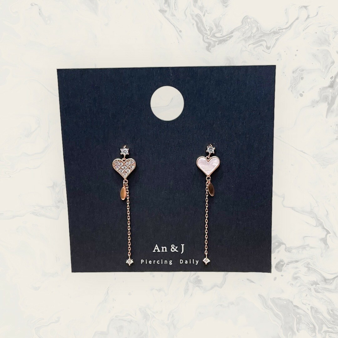 韓國直送-銀針 不對稱 小鋯吊滿鋯愛心垂鍊吊小鋯 鍍14K