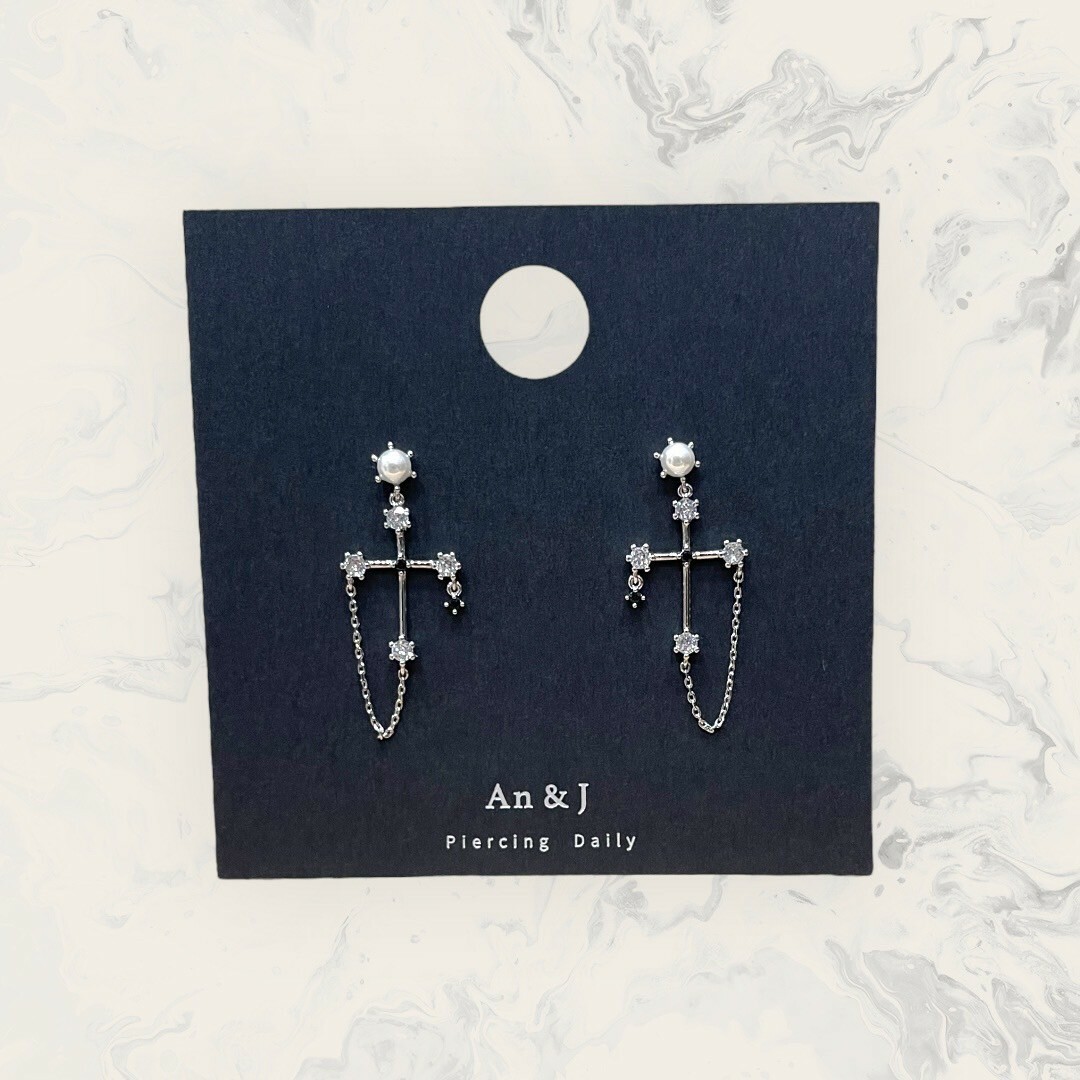 韓國直送-銀針 珍珠吊白鋯細十字架垂鍊 鍍14K