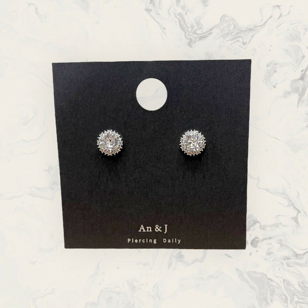 韓國直送-銀針 線鋯圓框中六點白鋯 鍍14K