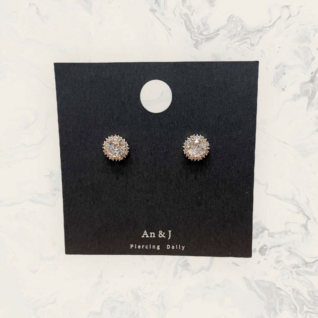 韓國直送-銀針 線鋯圓框中六點白鋯 鍍14K