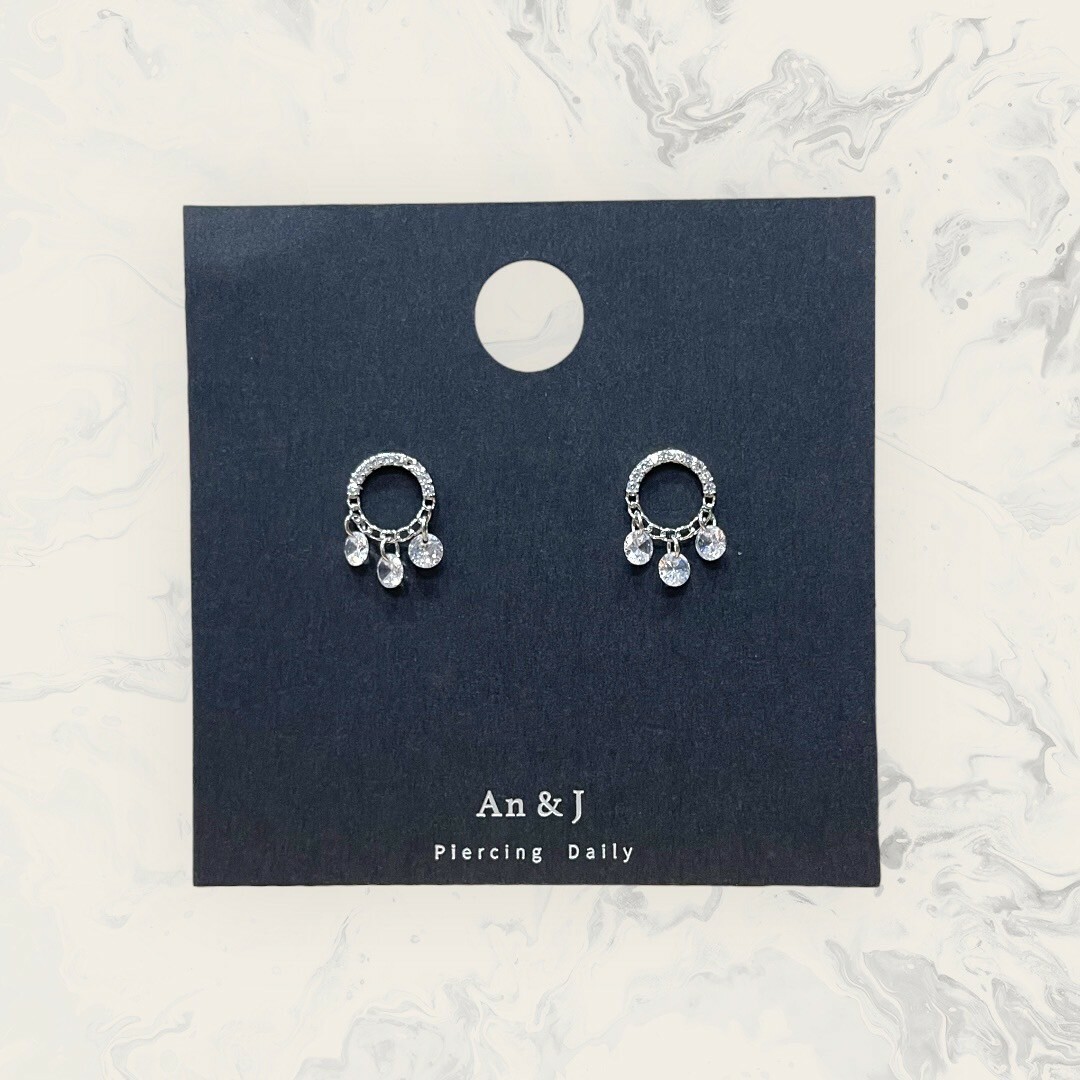 韓國直送-銀針 上線鋯下鎖鏈圓框垂吊裸鋯 鍍14K