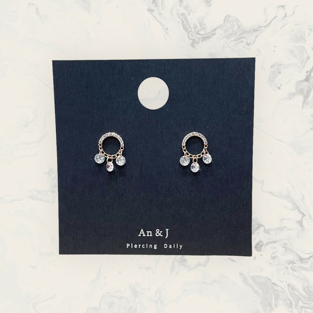 韓國直送-銀針 上線鋯下鎖鏈圓框垂吊裸鋯 鍍14K