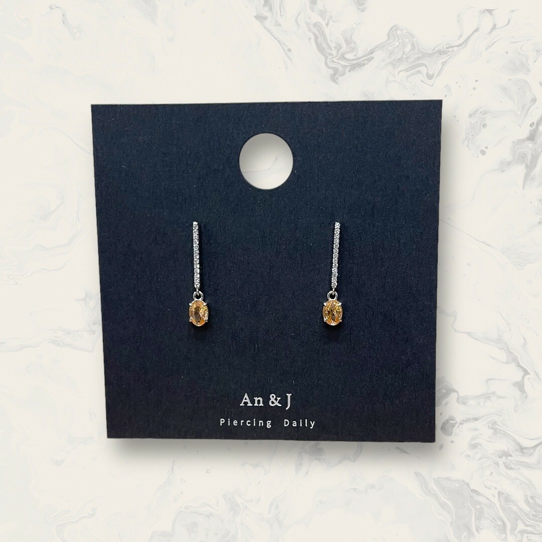 韓國直送-銀針 直線鋯吊四爪橘橢圓鋯 鍍14K