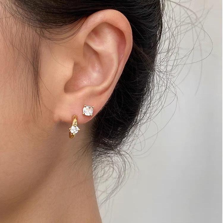 gold日常精緻圓金鑽耳釦/耳釘三合一set