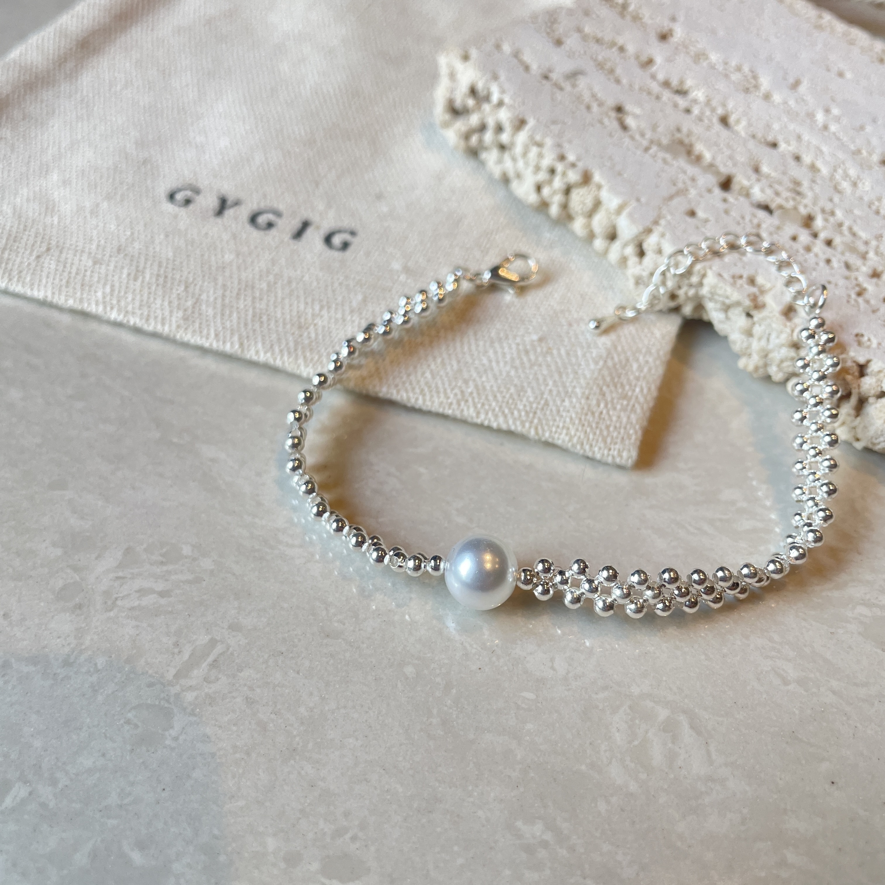 蕾絲銀珠 溫柔珍珠編織手鍊