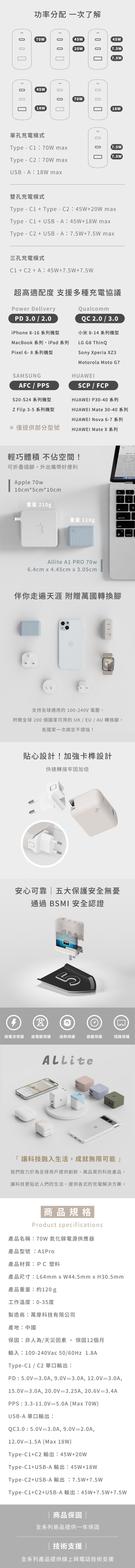 Allite A1 PRO 70W 1A+2C 氮化鎵三孔快充的商品敘述