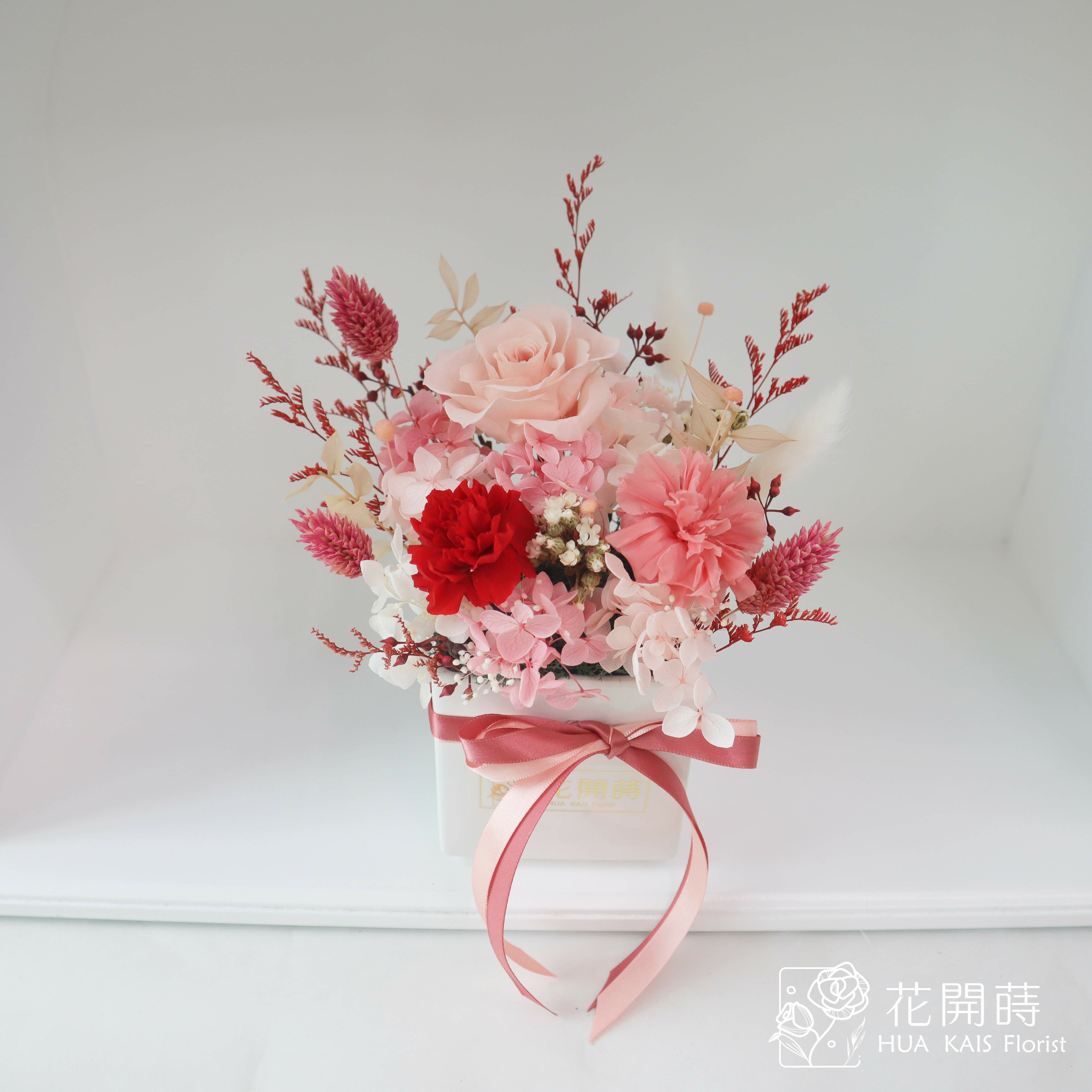 永生花小盆栽|草莓牛奶康乃馨方盆|開幕盆栽|永生花禮|情人節禮物|母親節禮物