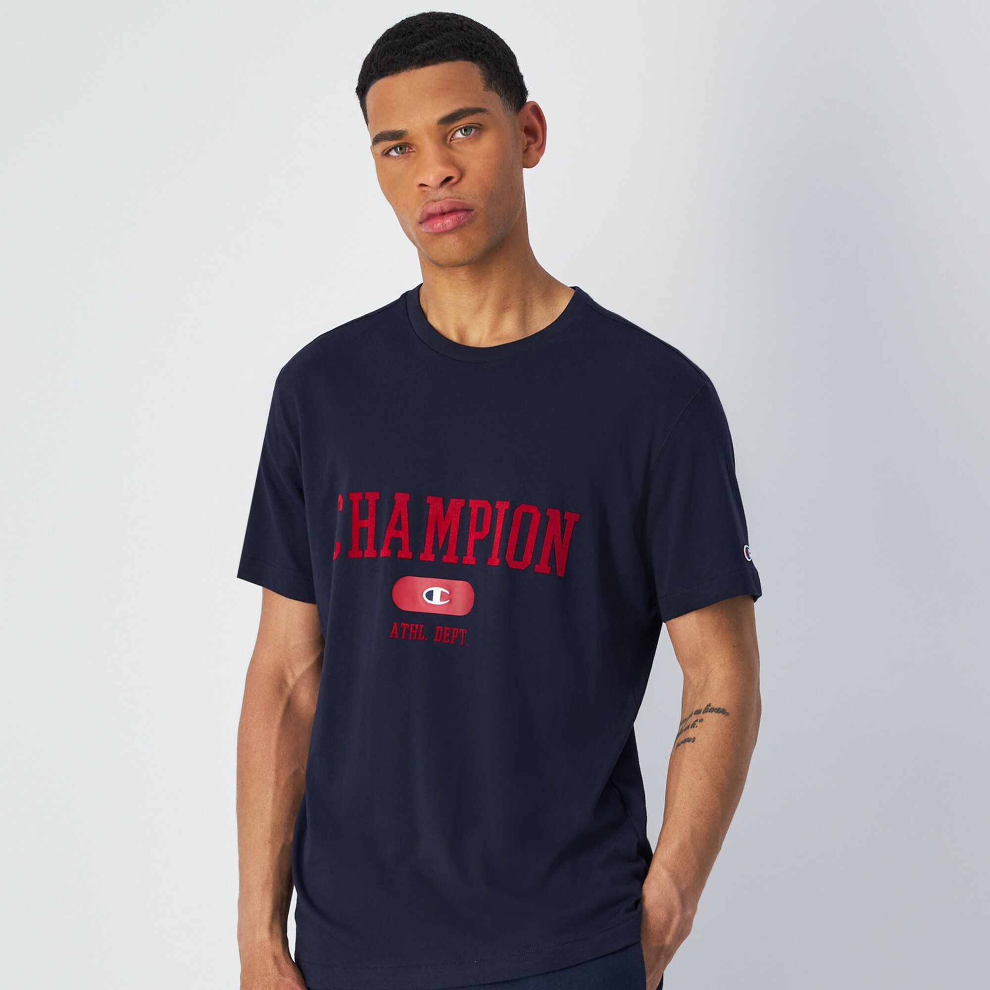 男款 經典款 大學字體印花LOGO 短TEE(深藍)