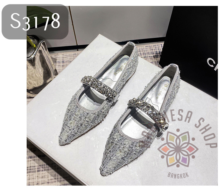 S3178 - 牛皮格紋閃鑽一字帶帶尖頭平底鞋