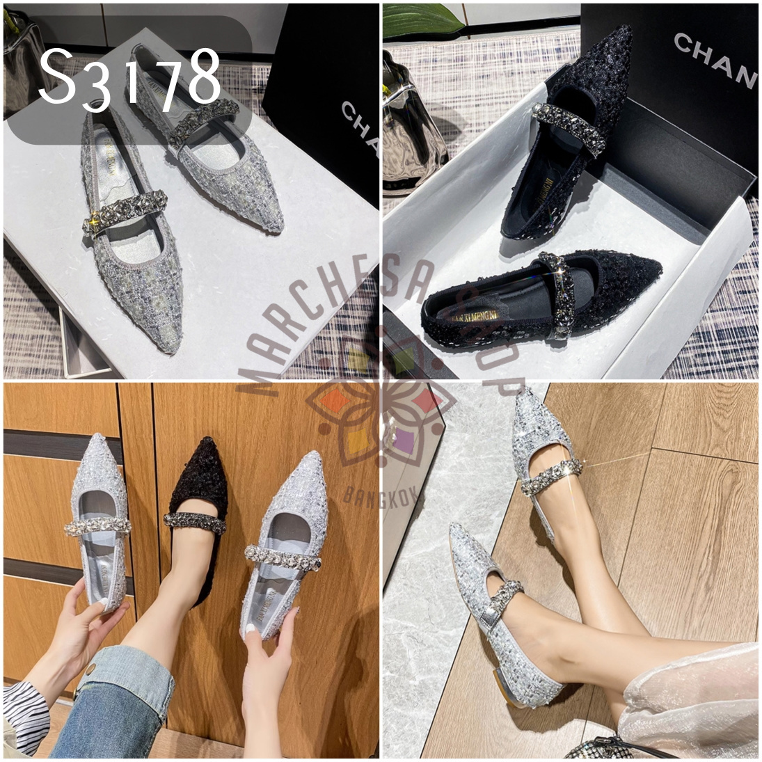 S3178 - 牛皮格紋閃鑽一字帶帶尖頭平底鞋